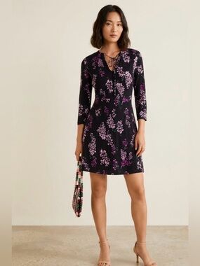 Mango : Casual Elegance Black & Purple Floral Tie-Neck Short Dress 👗